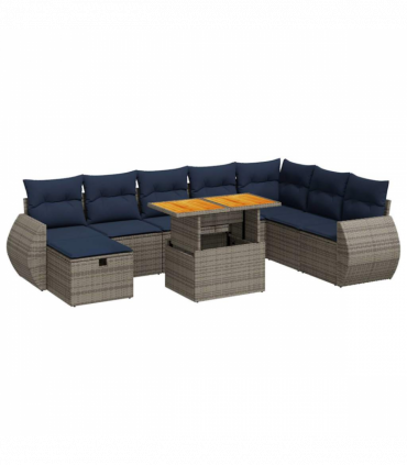 vidaXL 9 Piece Garden Sofa Set with Cushions Black Poly Rattan Acacia