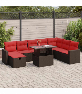 vidaXL 9 Piece Garden Sofa Set with Cushions Black Poly Rattan Acacia