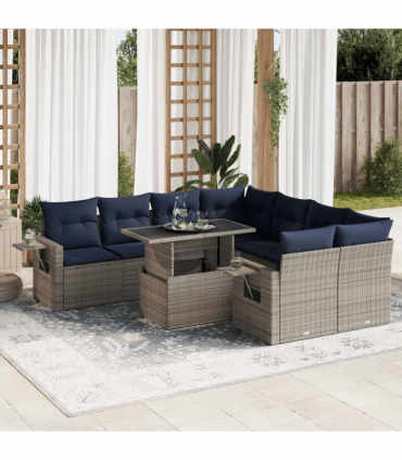 vidaXL 9 Piece Garden Sofa Set with Cushions Black Poly Rattan Acacia