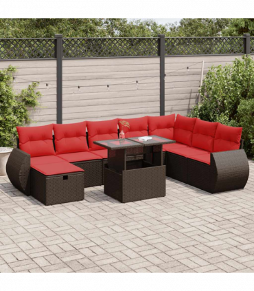 vidaXL 9 Piece Garden Sofa Set with Cushions Black Poly Rattan Acacia