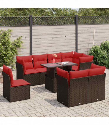 vidaXL 9 Piece Garden Sofa Set with Cushions Brown Poly Rattan Acacia