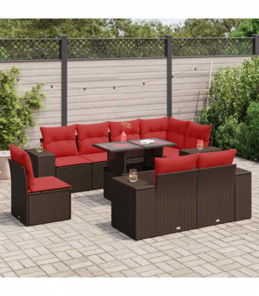 vidaXL 9 Piece Garden Sofa Set with Cushions Brown Poly Rattan Acacia