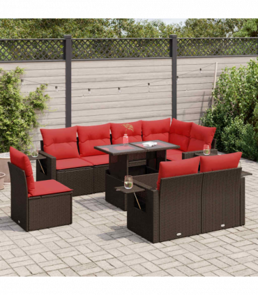 vidaXL 9 Piece Garden Sofa Set with Cushions Brown Poly Rattan Acacia
