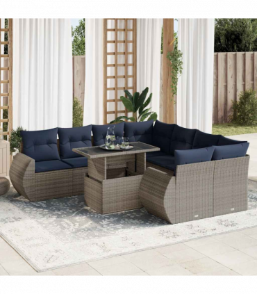 vidaXL 9 Piece Garden Sofa Set with Cushions Grey Poly Rattan Acacia