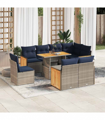 vidaXL 9 Piece Garden Sofa Set with Cushions Grey Poly Rattan Acacia