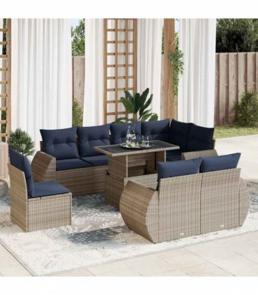 vidaXL 9 Piece Garden Sofa Set with Cushions Grey Poly Rattan Acacia