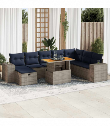 vidaXL 9 Piece Garden Sofa Set with Cushions Grey Poly Rattan Acacia