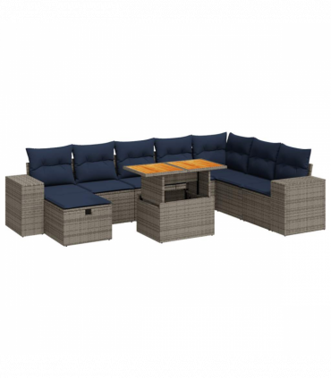 vidaXL 9 Piece Garden Sofa Set with Cushions Grey Poly Rattan Acacia