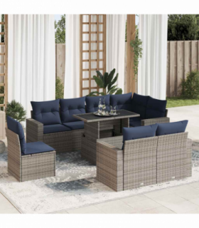 vidaXL 9 Piece Garden Sofa Set with Cushions Grey Poly Rattan Acacia