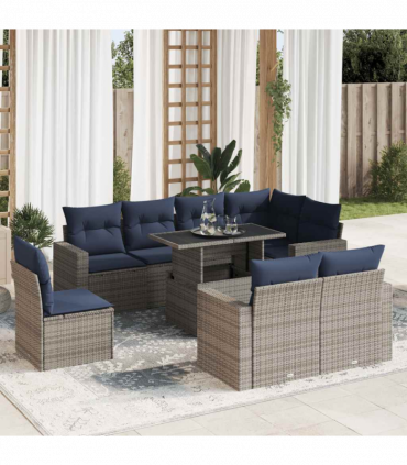 vidaXL 9 Piece Garden Sofa Set with Cushions Grey Poly Rattan Acacia