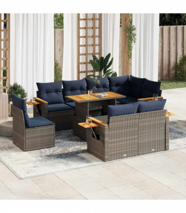 vidaXL 9 Piece Garden Sofa Set with Cushions Grey Poly Rattan Acacia