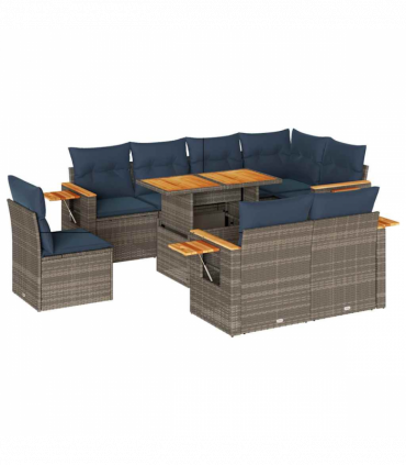 vidaXL 9 Piece Garden Sofa Set with Cushions Grey Poly Rattan Acacia