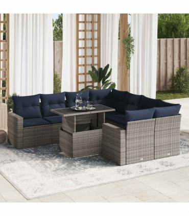 vidaXL 9 Piece Garden Sofa Set with Cushions Grey Poly Rattan Acacia