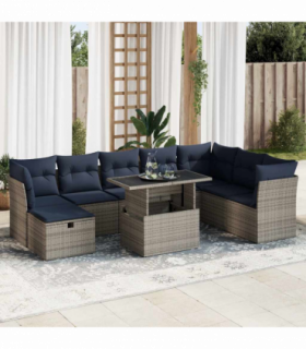 vidaXL 9 Piece Garden Sofa Set with Cushions Grey Poly Rattan Acacia