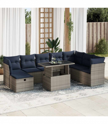 vidaXL 9 Piece Garden Sofa Set with Cushions Grey Poly Rattan Acacia