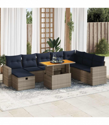 vidaXL 9 Piece Garden Sofa Set with Cushions Grey Poly Rattan Acacia