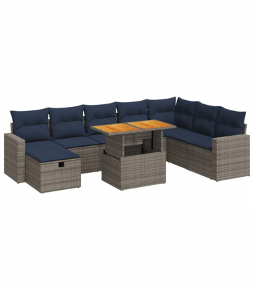 vidaXL 9 Piece Garden Sofa Set with Cushions Grey Poly Rattan Acacia