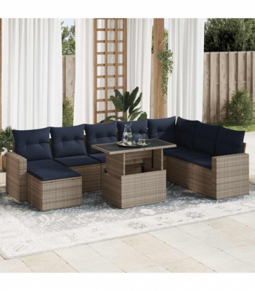 vidaXL 9 Piece Garden Sofa Set with Cushions Grey Poly Rattan Acacia