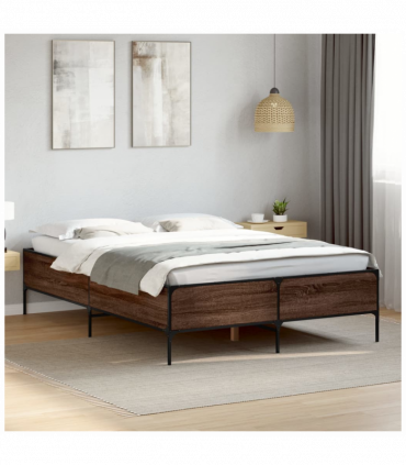 vidaXL Bed Frame Brown Oak 140x190 cm Engineered Wood and Metal