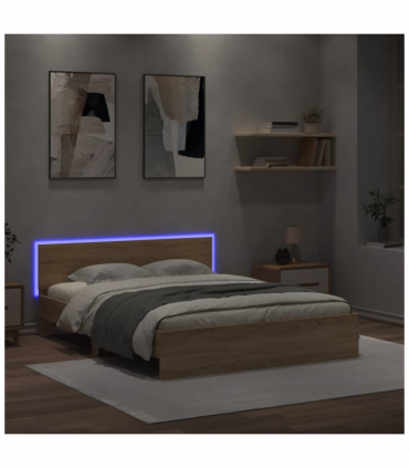 vidaXL Bed Frame with Headboard and LED Sonoma Oak 150x200 cm King Size