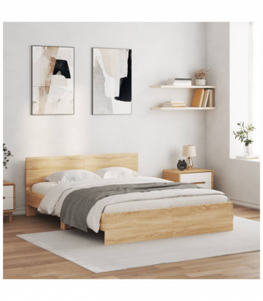 vidaXL Bed Frame with Headboard and LED Sonoma Oak 150x200 cm King Size