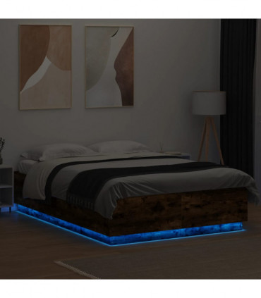 vidaXL Bed Frame with LED Lights Smoked Oak 150x200 cm King Size Engineered Wood