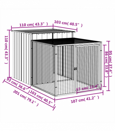 vidaXL Chicken Cage with Run Light Grey 110x201x110 cm Galvanised Steel