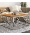 vidaXL Coffee Table Silver Stainless Steel and Solid Acacia Wood