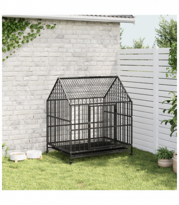 vidaXL Dog Cage with Wheels Black Galvanised Steel