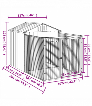 vidaXL Dog House with Run Light Grey 117x201x123 cm Galvanised Steel