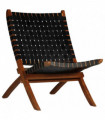 vidaXL Folding Chair Crossed-Stripe Black Real Leather
