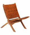 vidaXL Folding Chair Crossed-Stripe Brown Real Leather