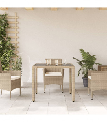 vidaXL Garden Table with Glass Top Beige 90x90x75 cm Poly Rattan