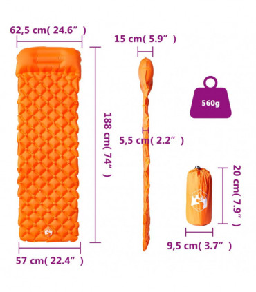 vidaXL Inflating Camping Mattress with Pillow 1-Person Orange
