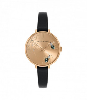 Amelia Austin Ladies Spider Black Leather Strap Grey Stone Set Etched Dial Watch AA2004