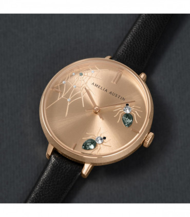 Amelia Austin Ladies Spider Black Leather Strap Grey Stone Set Etched Dial Watch AA2004