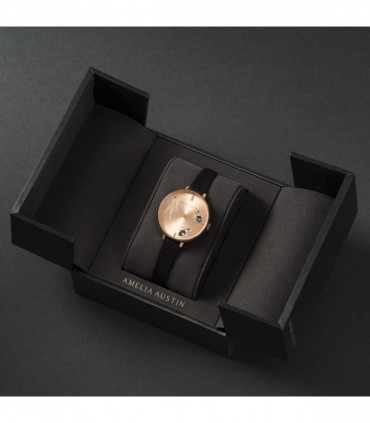 Amelia Austin Ladies Spider Black Leather Strap Grey Stone Set Etched Dial Watch AA2004