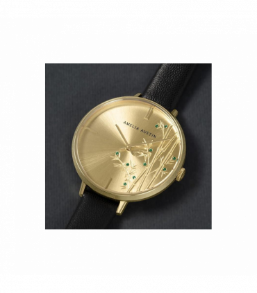 Amelia Austin Ladies Bamboo Black Leather Strap Green Stone Set Etched Dial Watch AA2014