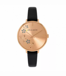Amelia Austin Ladies  Floral Black Leather Strap Clear Stone Set Etched Dial Watch AA2002
