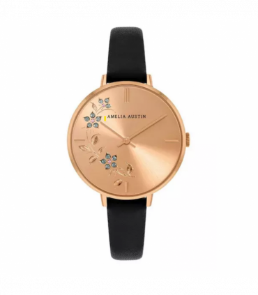 Amelia Austin Ladies  Floral Black Leather Strap Clear Stone Set Etched Dial Watch AA2002