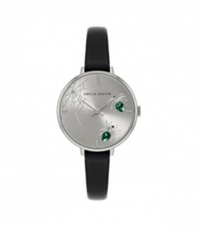 Amelia Austin Ladies Spider Black Leather Strap Green Stone Set Etched Dial Watch AA2005