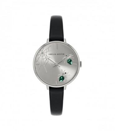 Amelia Austin Ladies Spider Black Leather Strap Green Stone Set Etched Dial Watch AA2005