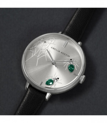 Amelia Austin Ladies Spider Black Leather Strap Green Stone Set Etched Dial Watch AA2005