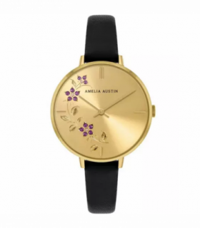 Amelia Austin Ladies Floral Stone Dial Black Strap Watch AA2000