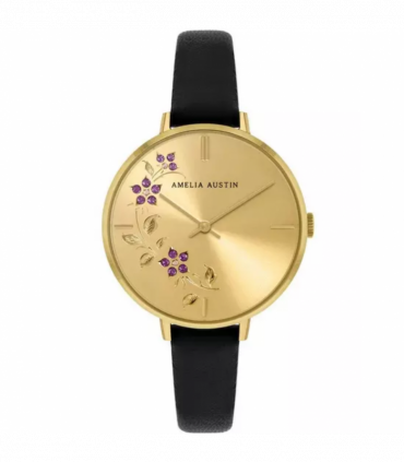 Amelia Austin Ladies Floral Stone Dial Black Strap Watch AA2000