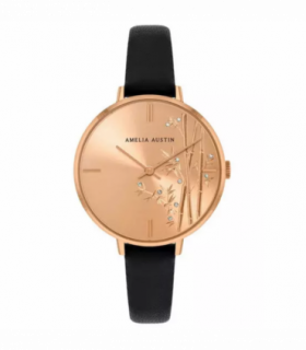 Amelia Austin Ladies Bamboo Black Leather Strap Clear Stone Set Etched Dial Watch AA2016