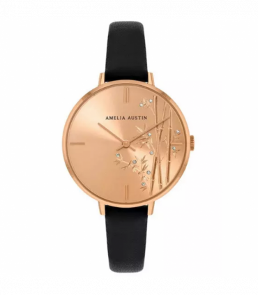 Amelia Austin Ladies Bamboo Black Leather Strap Clear Stone Set Etched Dial Watch AA2016