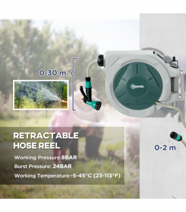 Outsunny Retractable Hose Reel Wall Mounted with Lock, Grey