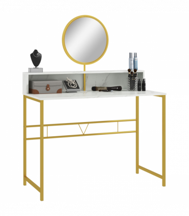 Dressing Table with Round Mirror, Vanity Makeup Desk Faux Marble Texture White
