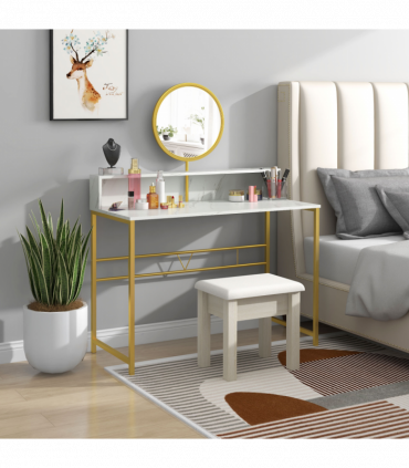 Dressing Table with Round Mirror, Vanity Makeup Desk Faux Marble Texture White